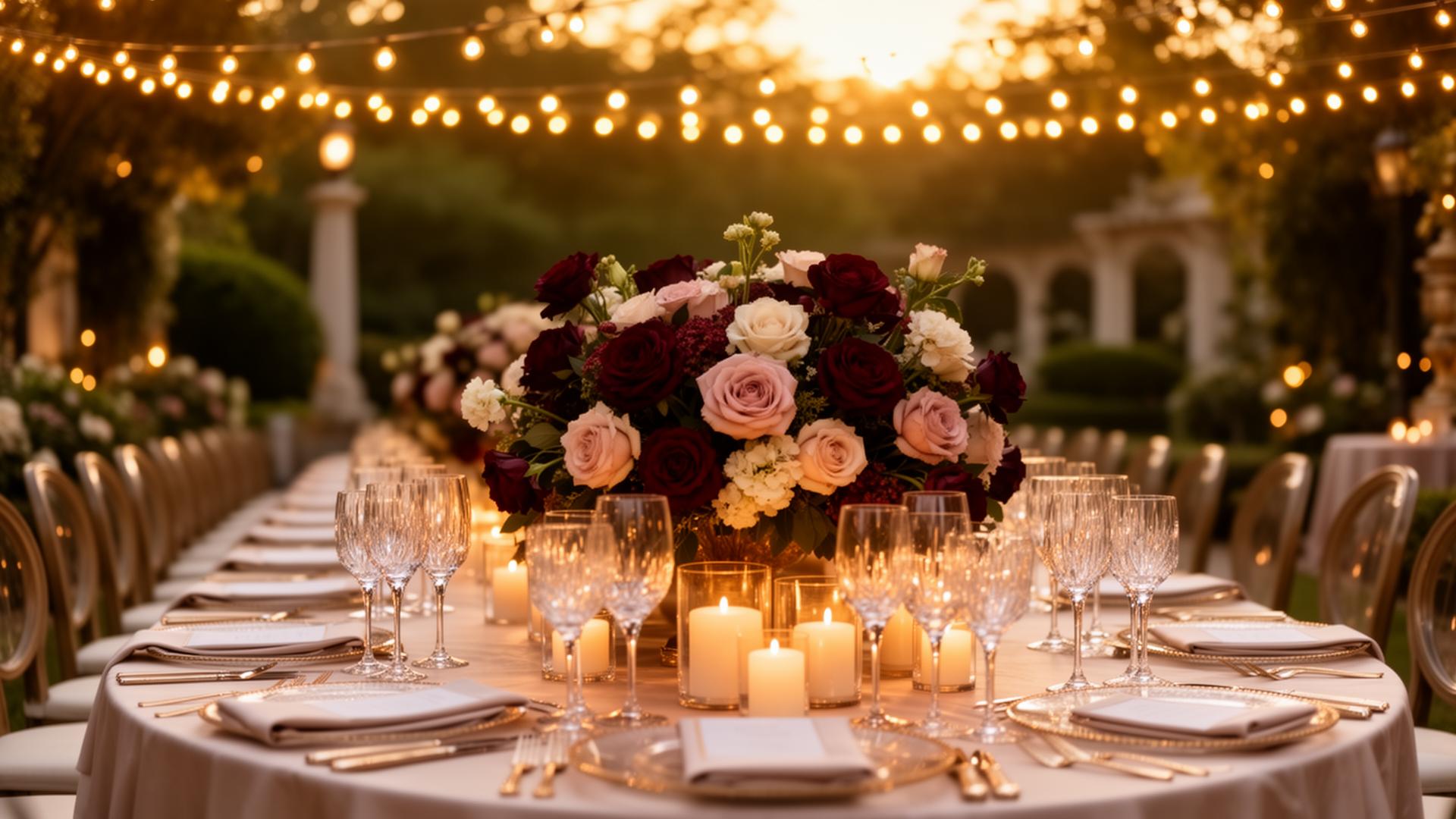 Elegant DMV celebration with floral centerpieces and warm string lights at golden hour